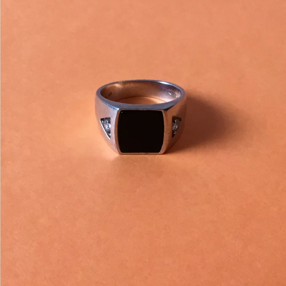 Vintage Avon Men's Ring Sterling 925 Black Onyx & Side Baguette Stones,size 10.5